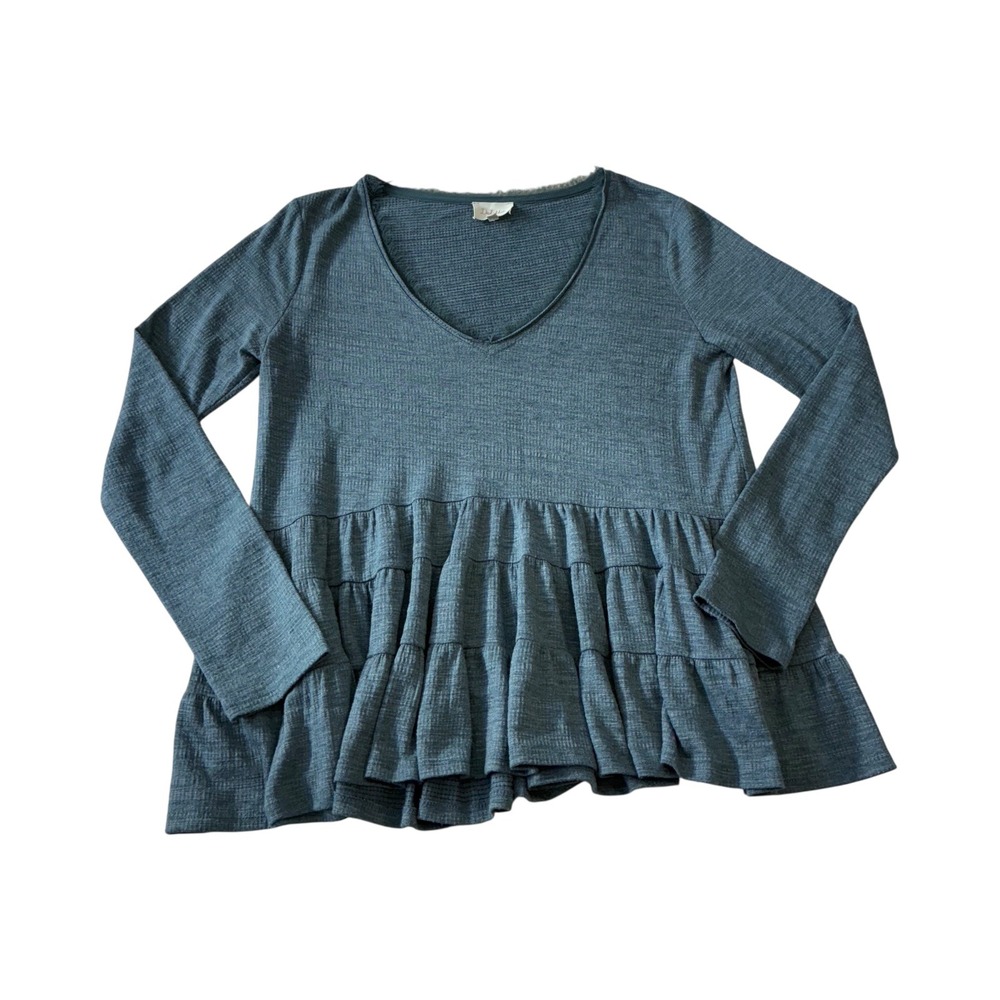 Anthropologie Dolletta‎ Women's Blue Tiered Peplum Top Long Sleeve V Neck Small